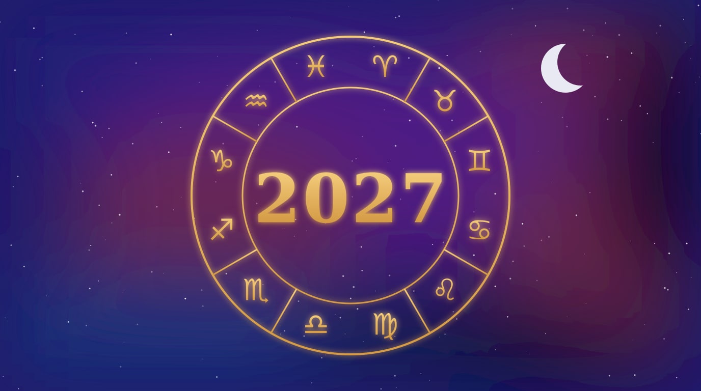 Золоте коло знаків зодіаку з написом 2027 на тлі нічного неба