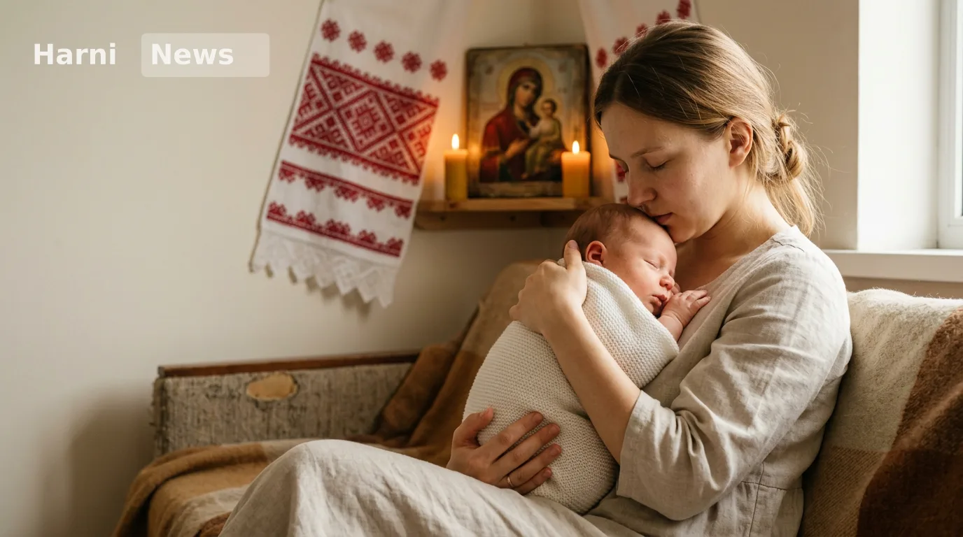Мама тримає новонароджене немовля біля ікони Богородиці й вишитого рушника