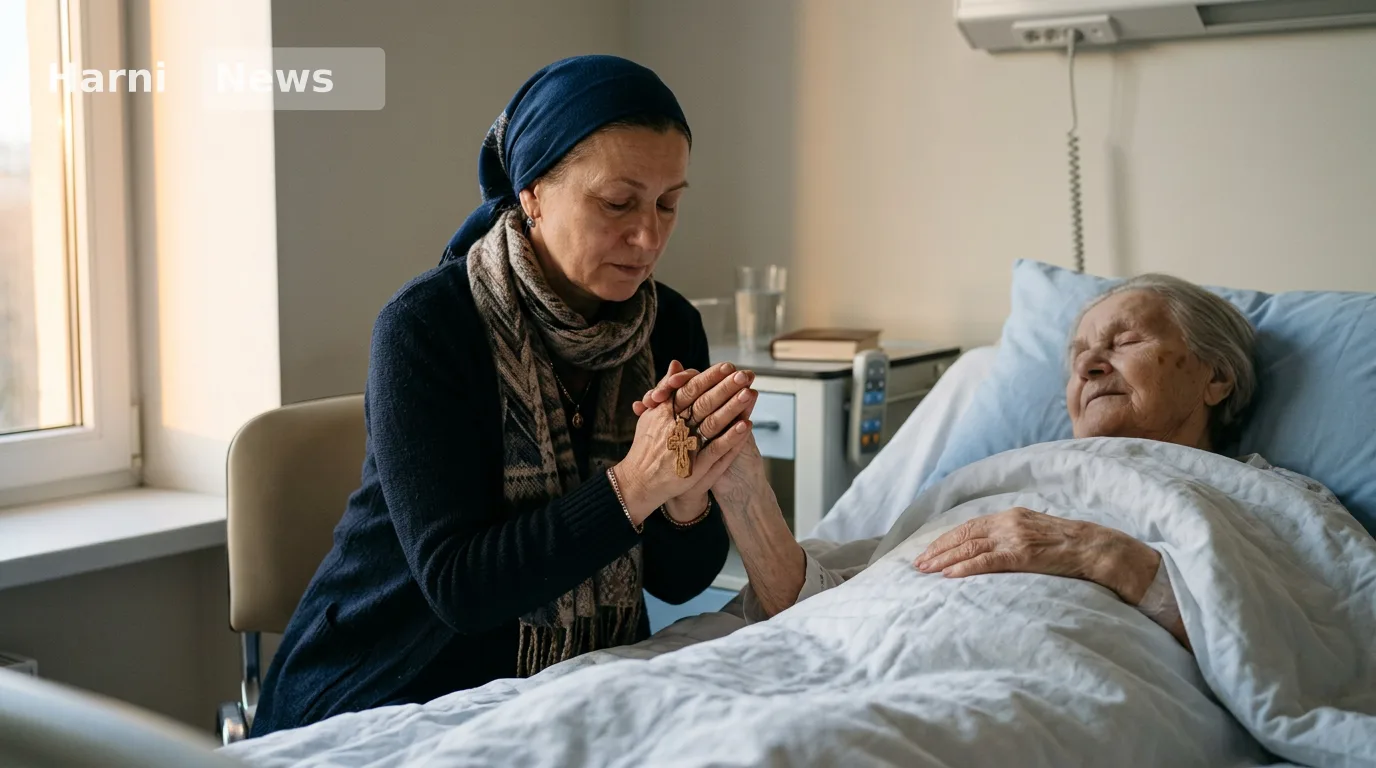 Жінка молиться біля ліжка літньої хворої людини в лікарняній палаті
