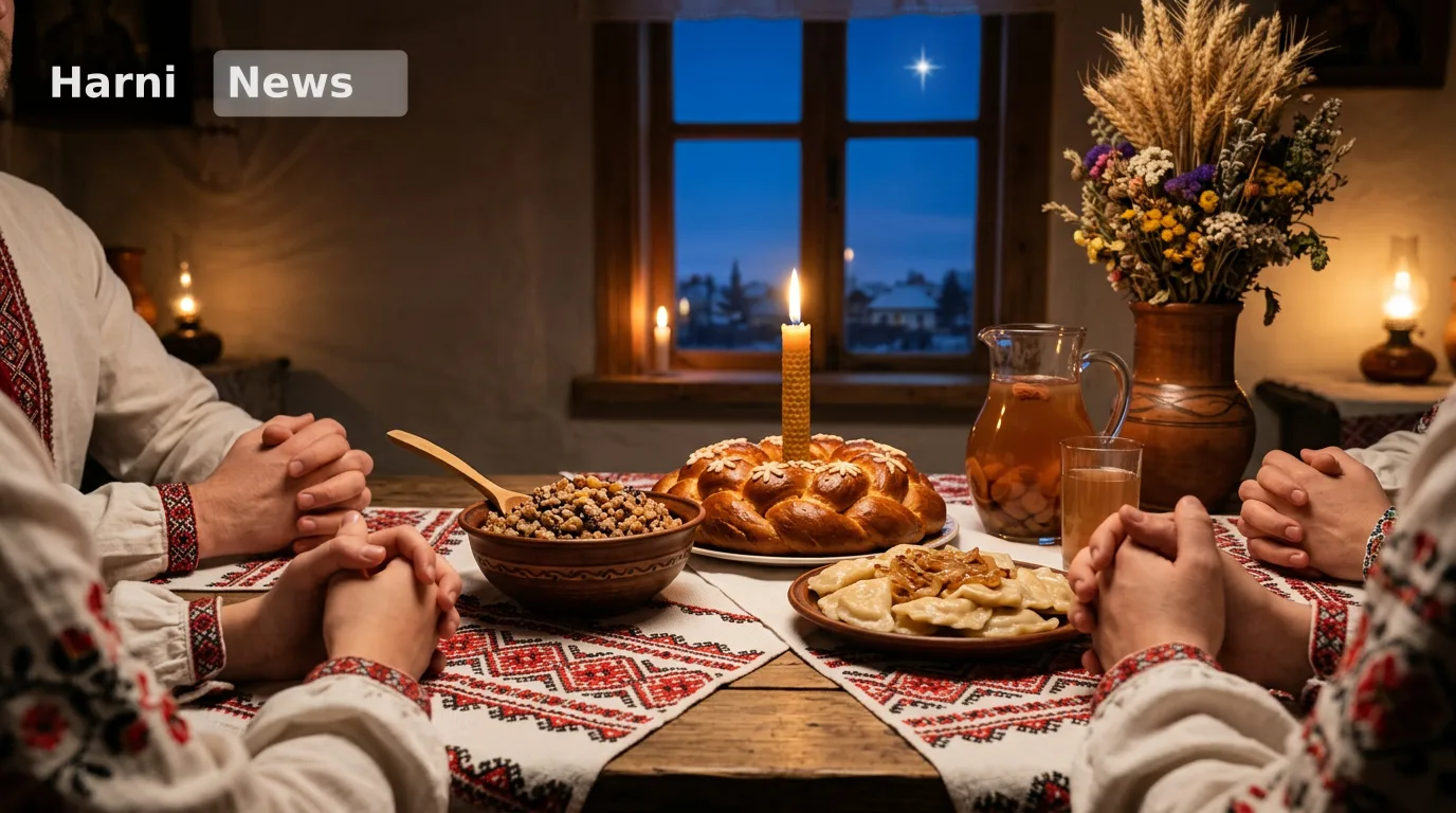 Родина молиться за святвечірнім столом з кутею і колачем